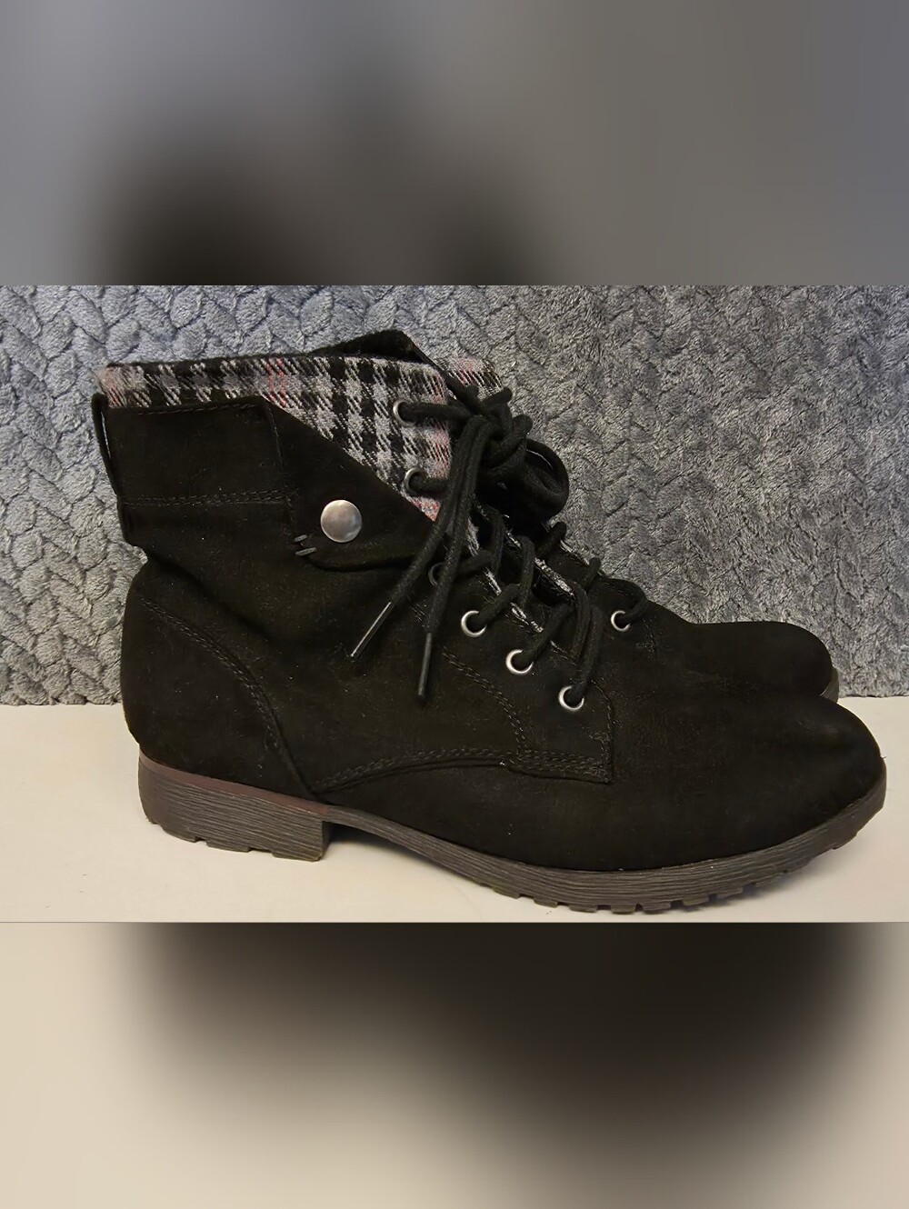 Rock & Candy Black Lace-Up Ankle Booties with Plaid Cuff